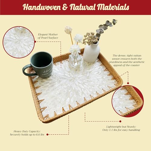 Rattan Tray Rectangle with Mother of Pearl – Unique Decorative Rattan Serving Tray for Food, Bread, Fruits, Snacks & Organizing Bathroom, Coffee Table – Christmas & Housewarming Gift (White 13.3"x9.4) - color: White 13.3"