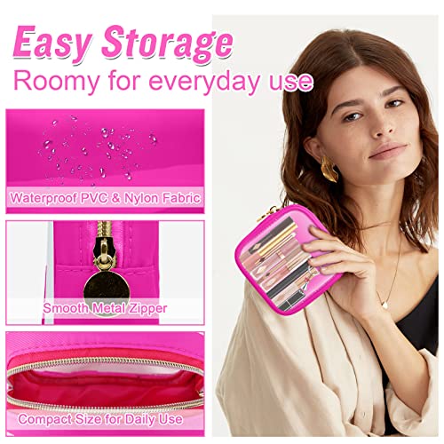 Mini Clear Travel Makeup Organizer Bag for Purse, Small Cute Makeup Bag Preppy Cosmetic Zipper Pouch Purse, Transparent PVC & Nylon Coin Pouch Sanitary Napkin Storage Bag for Women Men Girls(Hot Pink) - color: Hot Pink-Clear, size: Mini