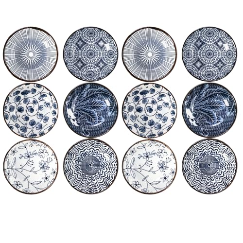 ZENFUN 12 Pcs Soy Sauce Dishes, Tiny Bowls, 3 oz Dipping Bowls for Condiment Sushi, Elegant Mini Bowl for Side Dish, Ketchup, Appetizer Plates, Ceramic, Blue and White - size: mini