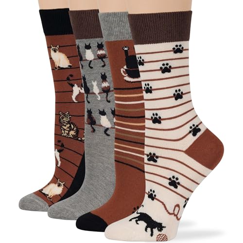 7BIGSTARS Women Cotton Crew Socks, Patterned 4 Pack, M 5-9 - L 8-12 - color: 09 - Brown, Grey, Ecru, Black (A57), size: 5-9