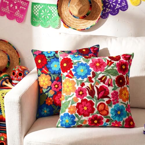 HunnmingRe 2 Pcs Mexican Boho Throw Pillow Covers 18 x 18 Inch Embroidery Colorful Floral Throw Pillows Ethnic Decorative Fiesta Cushion Covers for Bed Couch Sofa Home Decor(White,Blue) - color: White,blue