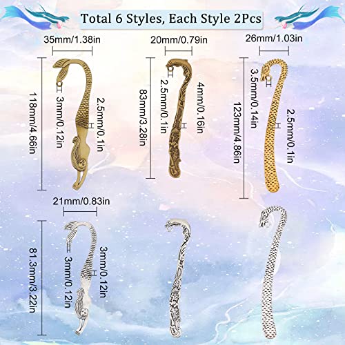 SUNNYCLUE 1 Box 12Pcs Metal Bookmarks Hook Bookmark Vintage Style Alloy Hook Bookmarks Hairpin Carved Mermaid Book Markers Dragon Charm Pendants for Books Lovers Teacher's Day Back to School Gift - color: 12pcs 6 Styles Sea Hook Bookmarks Mixed Color