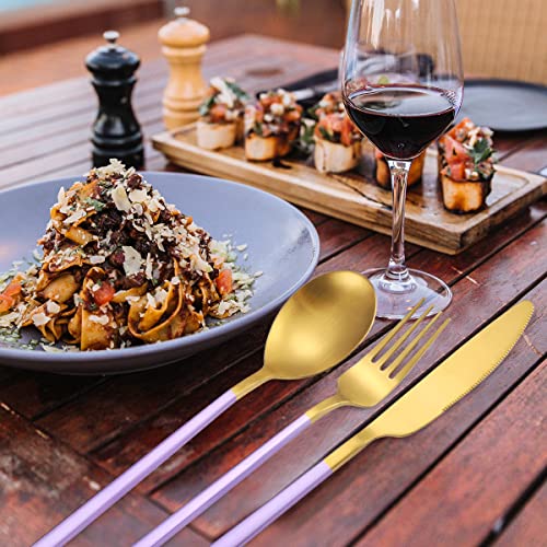 AARainbow 8 Pieces Stainless Steel Flatware Set Portable Reusable Cutlery Set Travel Utensils Set Including Chopsticks Knife Fork Spoon Straws Cleaning Brush Dishwasher Safe (B-Purple Golden) - color: B-Purple Golden