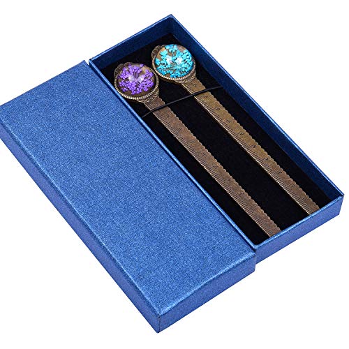 Wisdompro 2 Pcs Metal Bookmark Ruler with Dried Flower - Blue & Purple - color: Blue & Purple