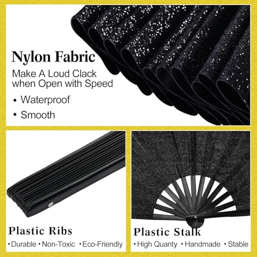Maitys 2 Packs Large Folding Hand Fans, 13'', Glitter Black and Gold - color: Glitter Black and Gold