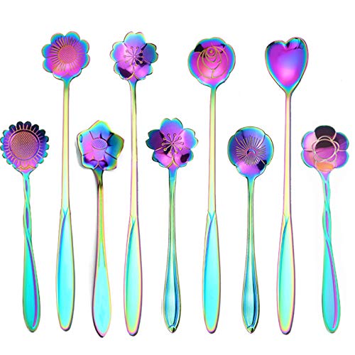 9 Pcs Flower Spoon Coffee Teaspoon, ESRISE Stainless Steel Tea Spoon(Multi) - color: Multicolor