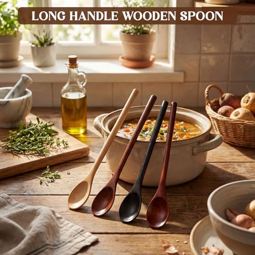 4 Pcs Wooden Tasting Spoons Long Handle 9 x 1.3 Inch for Cooking - size: 9 x 1.3 Inch