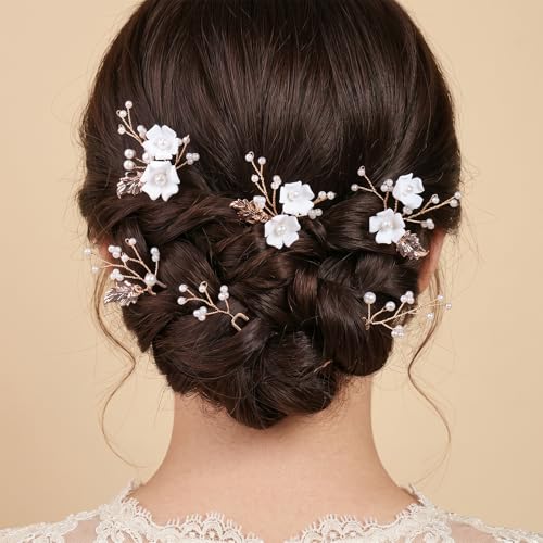 Handmade Pearl Bridal Wedding Hair Pins 6Pcs White Ceramic Flowers Gold Leaf Pearls Clips Wedding Hair Accessories for Women Brides Bridesmaid (Gold) - color: Gold