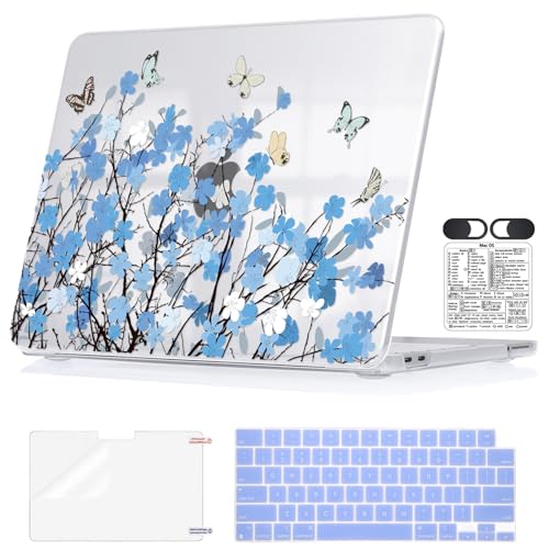 Hard Case for 2026 MacBook Neo 13" A3404 with Blue Floral Butterfly - color: Blue Floral and Butterfly