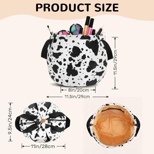 Funny Cow Print Drawstring Makeup Bag, Travel Toiletry Cosmetic Organizer - color: B-Cow-Blackwhite