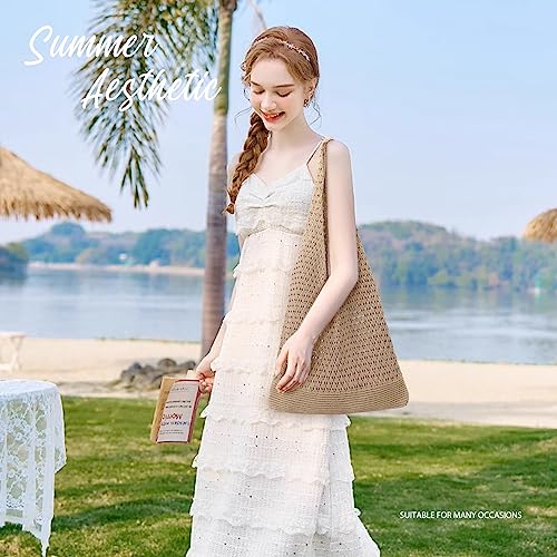 hatisan Crochet Bag for Women, Handmade Knit Beach Tote Bag Summer - color: Khaki
