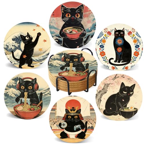 Coasters with Holder Set of 6, Japanese Ninja Cat Absorbent Cork Coaster Anime for Cup Desk Office Table Kitchen Decor House Warming Gifts for New Home Couples, Round 4" - color: Cat002