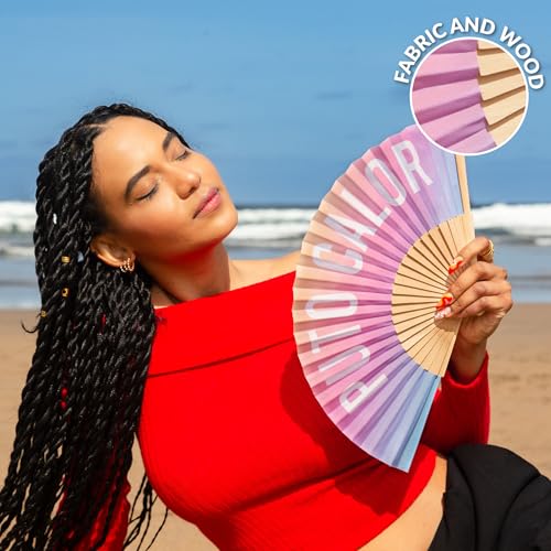 Fisura – Original folding fan with message P*to calor, gradient wooden handheld fan for women, perfect for rave, party, wedding, birthday, gift or summer decoration - color: Calor, Gradient