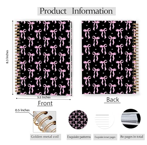 Cute Girly Pink Bow Notebook, Coquette Aesthetic Journal for Women Girls, Preppy Gifts, Bow Office Supplies, Preppy Pink and Black Spiral Notebook Journal 5.5x8.3 - color: Color 04