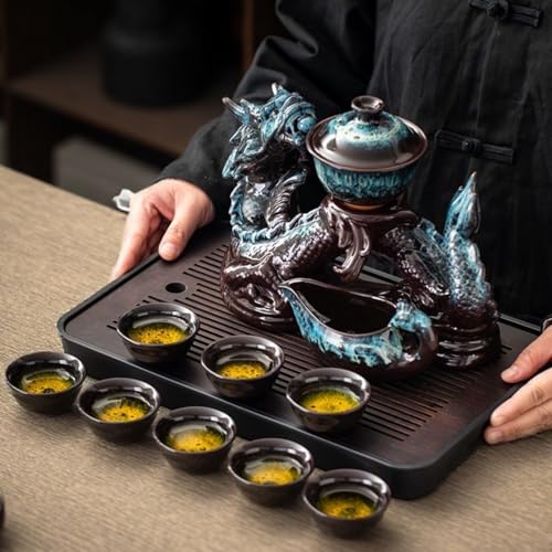 Chinese Gongfu Tea Set - Ceramic Teapot with Infuser, 8 Cups, Semi Automatic Dragon Design for Loose Leaf Tea - color: Gradient Dragon - C