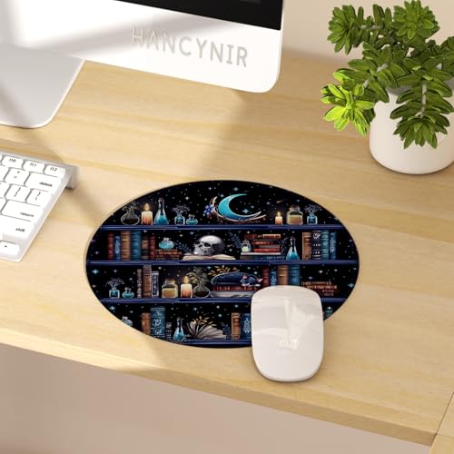 Hancynir Book Skull Funny Round Mouse Pad, Small Mousepad for Office Desk - color: Books Cat Skull