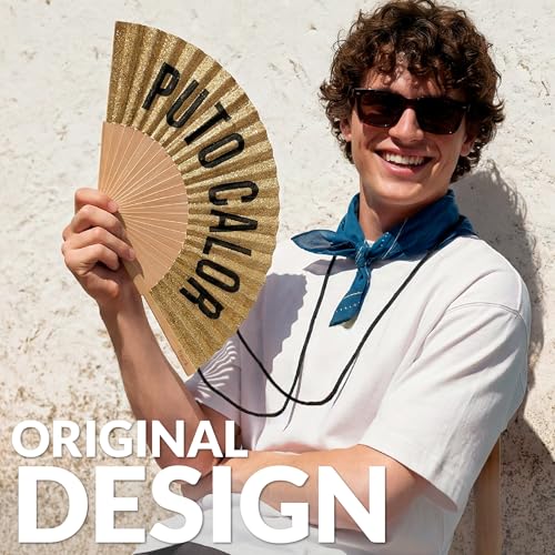 Fisura – Original Folding Fan with “p*to calor” Message. Modern and Colorful Wooden Folding Fan. Gold Glitter Folding Fan. Includes Strap. Fun Gift idea. 16.7 x 9 in. - color: Calor, Gold