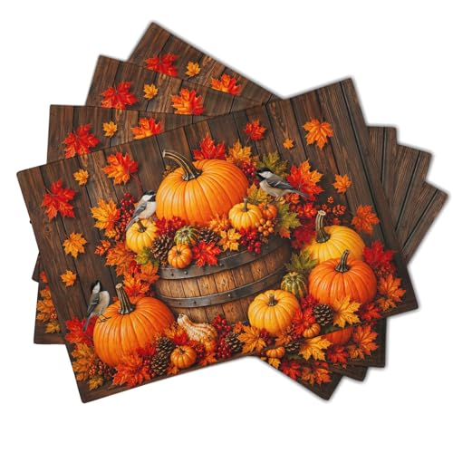 Giwawa Autumn Placemats Set of 4 12x18 Inch Fall Maple Leaf Pumpkins Birds Decorative Linen Table Mat Rustic Wood Board Grain Washable Heat Resistant Place Mat for Kitchen Dining Tabletop - color: Fall Board