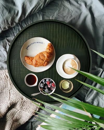 HofferRuffer Round Serving Tray 20'', Elegant Faux Leather Circle Ottoman Table Tray, Serve Tea Coffee Breakfast in Bedroom Living Room Kitchen(Green, 20") - color: Green, size: 20"