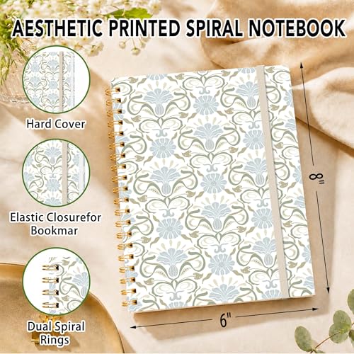 Sage Green Floral Lined Spiral Notebook, Pretty Hardcover Journal 6'' x 8.4'', Botanical Notebook for Women, Work, Writing Gift - color: floral-04