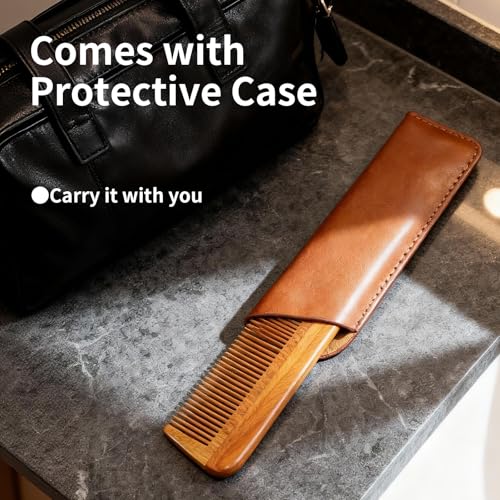 Onedor Handmade 100% Natural Green Sandalwood Wooden Comb for Men Hair, Beard, and Mustache Styling Pocket Comb With Leather Case (Long) - size: Long, style: Long