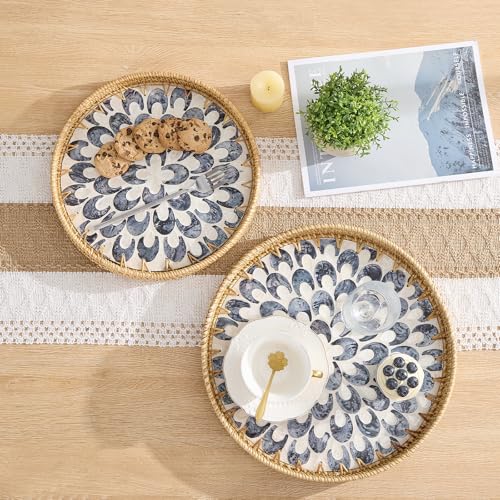 Round Rattan Tray with Mother of Pearl Inlay, Rattan Serving Tray with Wooden Base, Decorative Wicker Basket for Table Decor, Storage and Display of Coffee Bread Food Fruit (Plume 13.5") - color: Plume, size: 13.5"