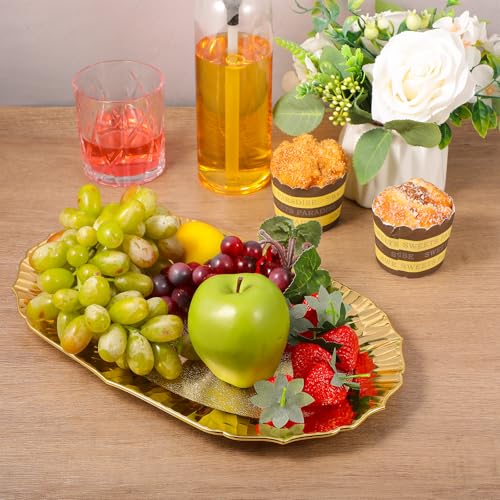 6 Pcs Gold Plastic Serving Trays Reusable Party Platters for Desserts, Snacks, Charcuterie, Cupcakes, Elegant Decorative Food Display, 14" x 8.5"