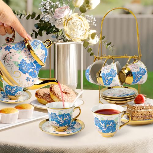 20Pcs Porcelain Tea Set with Metal Stand,European Vintage Tea Set for Adult - color: Pink Blue