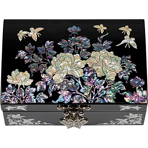 February Mountain Mother of Pearl Small Jewelry Box with mirror lid, Jewelry Storage Organizer for Earring, Necklace, Rings, Bracelet & Accessories - color: Black