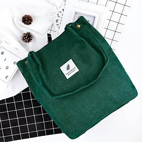 Ayieyill Corduroy Tote Bag for Women Canvas Shoulder Cord Purse with Inner Pocket - color: Green