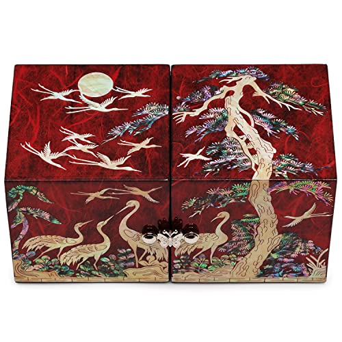 MADDesign Mother of Pearl Twin Cubes Jewelry Box Crane Pine Tree Red - color: Red