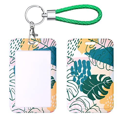 ID Card Badge Holder Key Chain with Metal Keyring, Plastic Slide Open with ID Window for Women Men Girls Students,Green Plant 4 Leaves - color: 4 Leaves
