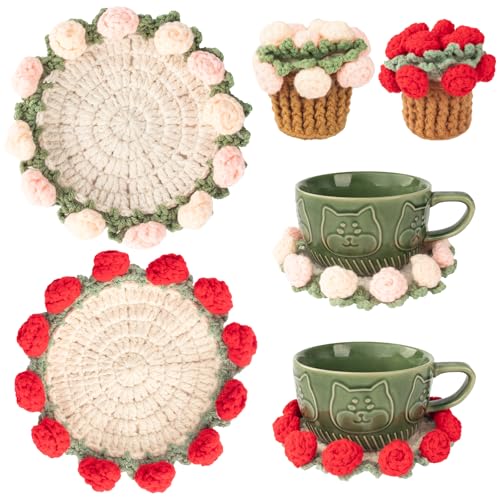Crochet Flowers Coasters with Basket,Handmade Rose Bouquet Blanket Kawaii Decor Coaster for Desk,Coffee Table,Home Decor,Wedding Gift,Housewarming,Birthda(2Pcs) (Red,Pink) - color: Red,pink