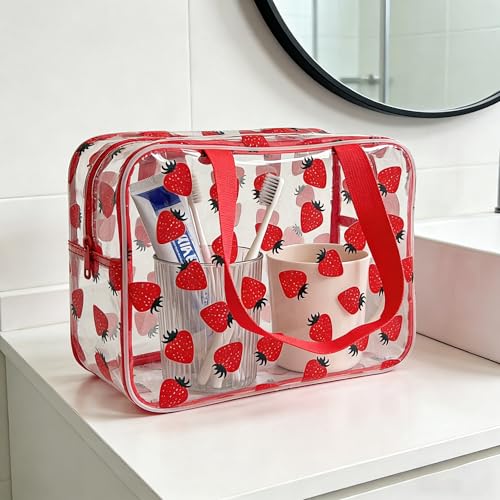 Flower Makeup Bag - Clear Printable Vinyl Cosmetic Pouch, Waterproof Small Clear Gift Bags for Travel & Organizer (Strawberry) - color: Strawberry