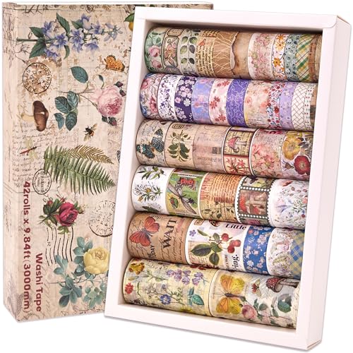42 Rolls Vintage Washi Tape Set, Floral Letter Butterfly Mushroom Botanical Flower Writable Decorative Tapes for Scrapbooking , Junk Journal Supplies, Bullet Journaling 5-75mm Wide 9.84ft long/Roll - style: Natural Plus