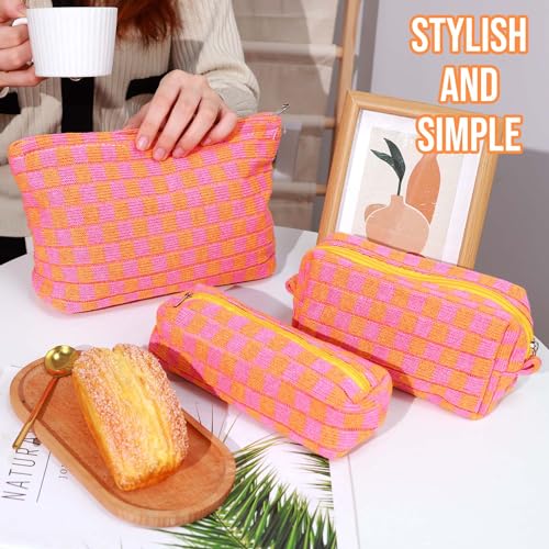 3 Pcs Makeup Bag Checkered Cosmetic Bag Large Capacity Traveling Toiletry Pounch Organizer Cute Makeup Brushes Aesthetic Accessories Storage Bag for Girls Women(Orange-Purple) - color: Orange-Purple
