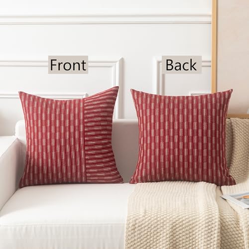 Kevin Textile Valentines Wine Red and Beige Farmhouse Striped Patchwork Linen Decorative Throw Pillows Covers 18x18, Set of 2, Modern Accent Square Cushion Covers for Couch Chair Bedroom - color: Wine Red, size: 18" x 18" (Pack of 2)