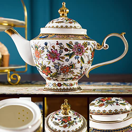 ACMLIFE Tea Set for Adults, Bone China Tea Set with Cups, Tea Cup Set Vintage Floral Porcelain Tea Set for 6, Vintage Floral Tea Cup Set With Teapot, Tea Party Sets for Women Gift，Gift Box (Pink) - color: Pink