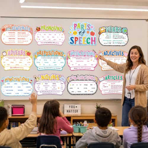 Pasimy 12 Pieces Parts of Speech Posters English Grammar Chart Language Bulletin Board Decor for Elementary Middle High School Teacher Educational Classroom Decoration Supplies (Composition) - style: Composition