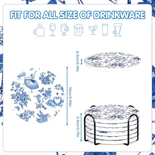Blue and White Coasters Set of 6, Blue White Floral Ceramic Coasters with Holder Cork Base, Drink Absorbent Coffee Table Protection Home Decor, Christmas Housewarming Gifts - color: Blue White Flower