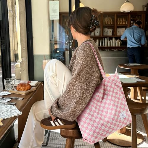KALIDI Women Corduroy Tote Bag Zipper Casual Tote's Handbag Big Capacity Shoulder Bag with Pockets - color: Checkerboard Pink