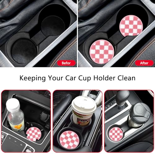 Car Cup Holder Coaster, 2-Pack Drink Coasters for Car Accessories, Car Things Automotive Organization, Desk Use, Men and Women’s Must-Haves, Pink Checkerboard Felt Inserts Gift for Her - color: Light Pink/White