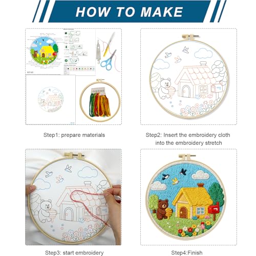 Zhenqing Four Seasons Embroidery Kit for Beginners, 4-Piece Spring Summer Fall Winter Landscape Needlework Set with Pre-Printed Fabric, Hoop & Threads (C0182) - color: Four Seasons