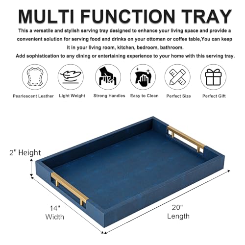 Navy Blue Faux Leather Serving Tray with Handles – Large Decorative Tray for Coffee Table, Ottoman, Living Room, Bathroom – Home Decor - color: Blue, size: 20" x 14" x 2"