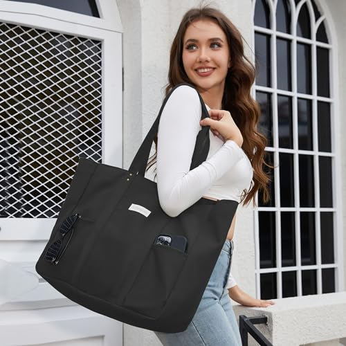 HOMESPON Large Canvas Tote Bag, Magnetic Work Laptop Pack for Women - color: Black