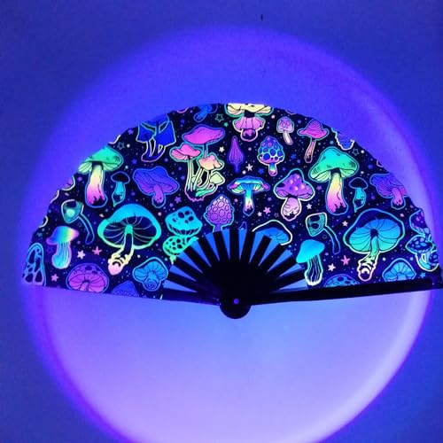 Large Rave Hand Fan UV Glow, Bamboo Clack Popping Folding Fan, Large Hand Fan for Line Dancing, Halloween, Music Festival, Club, Dance, Party, Drag Queen(Mushrooms) - color: Mushrooms