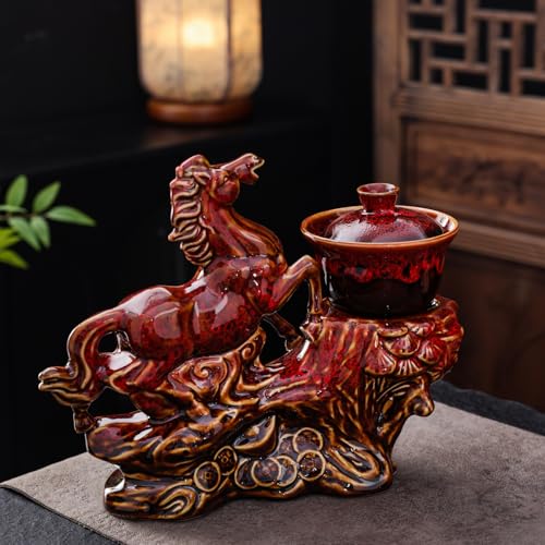 Ceramic Red Horse Teapot with Infuser - Chinese Gongfu Tea Set, 8 Cups, Semi Automatic Design for Loose Leaf Tea - color: Red Horse - B