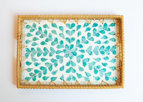 Magenta & Teal Decorative Rectangle Rattan Serving Tray 13x9 inch Mother of Pearl Inlay, Wicker Coffee Table Decor, Farmhouse (Teal Tan Flower) - color: Teal Tan Flower