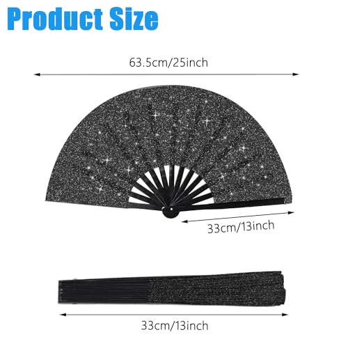 Large Folding Hand Fan Glitter Large Rave Hand Fan, Folding Shiny Hand Fan Clack Handheld Fan Women Handheld Fan with Bag for Festival, Disco Party, Club, Dance, EDM, Home Decoration(Black) - color: Black