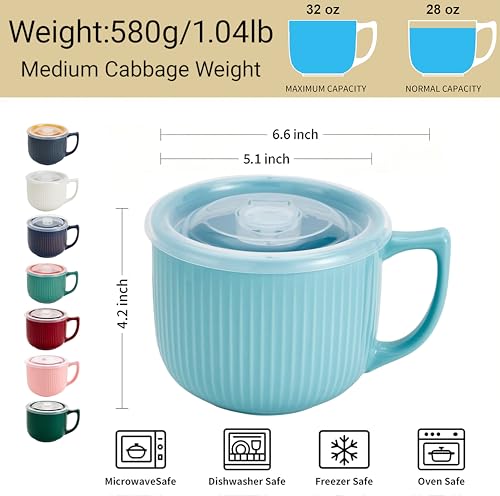 Ceramic Soup Bowl with Handle & Lid, 32oz Microwave Ramen Bowl Set of 2 - color: Blue 2 pcs-32, size: 32 OZ